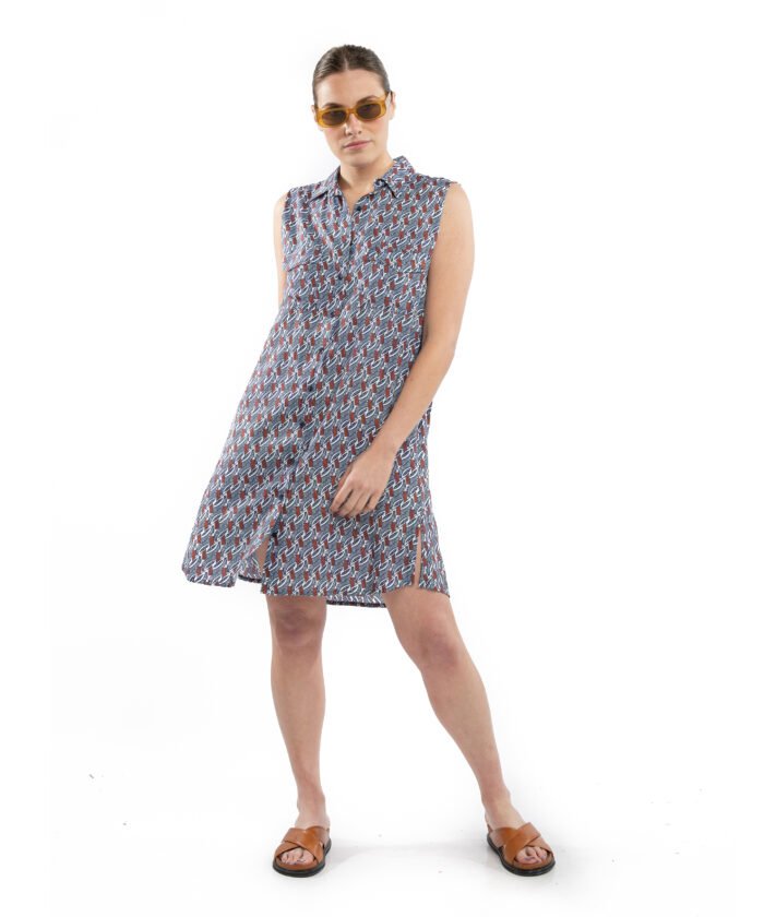 VESTIDO CAMISERO azul y naranja - Imagen 4
