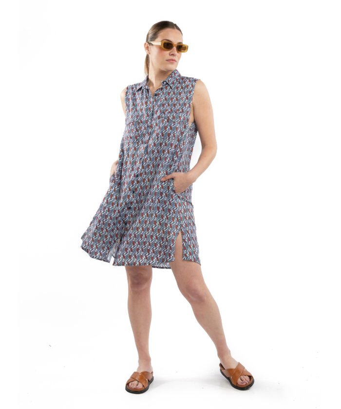 VESTIDO CAMISERO azul y naranja - Imagen 3