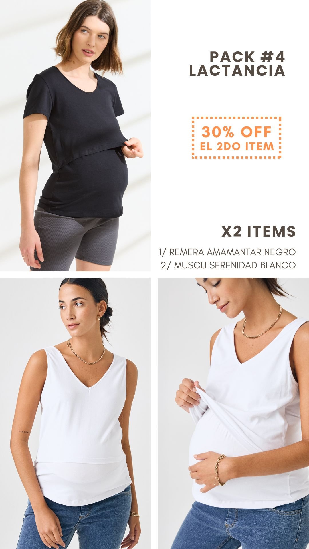 PACK #4 REMERA AMAMANTAR ALGODON MC negro + MUSCU SERENIDAD blanco